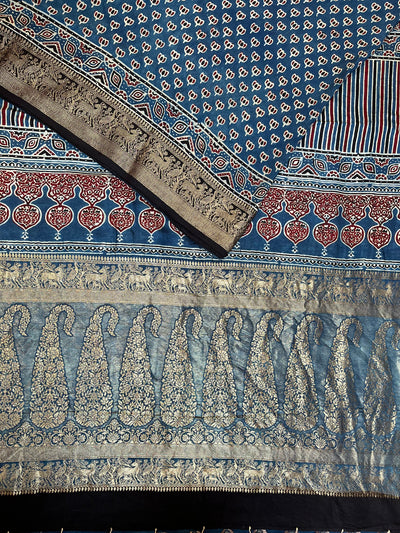 VANDANA: Handblock Ajrakh Dola Silk Saree with Meenakari Pallu