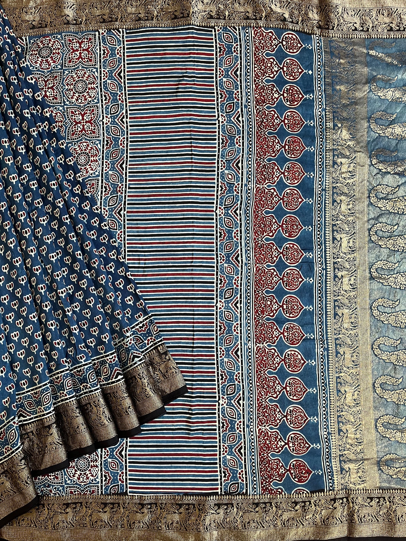 VANDANA: Handblock Ajrakh Dola Silk Saree with Meenakari Pallu