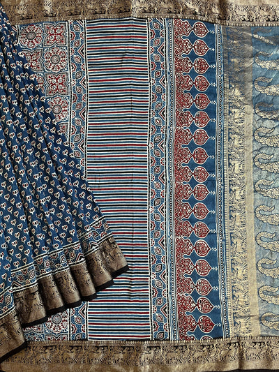 VANDANA: Handblock Ajrakh Dola Silk Saree with Meenakari Pallu
