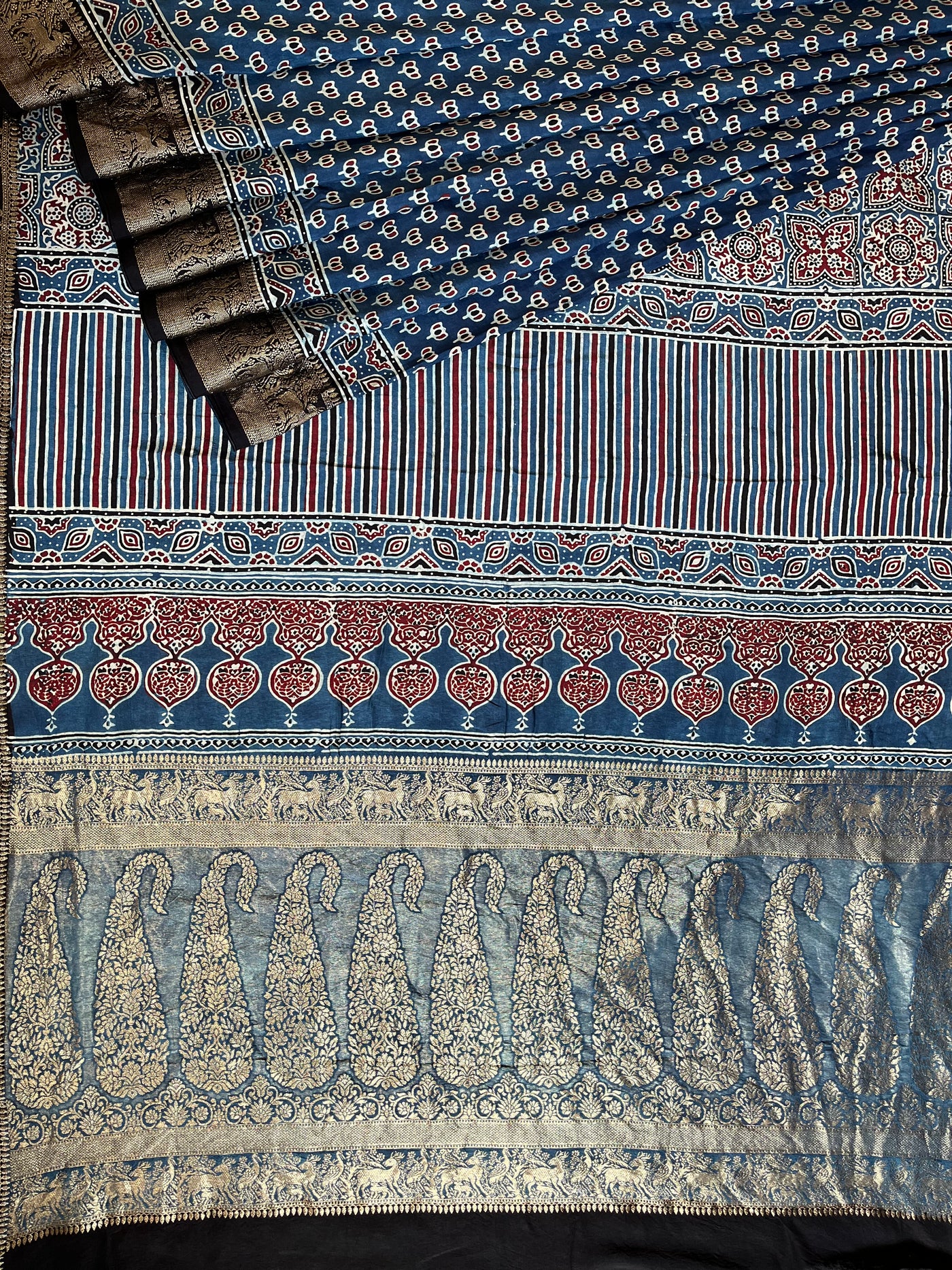 VANDANA: Handblock Ajrakh Dola Silk Saree with Meenakari Pallu