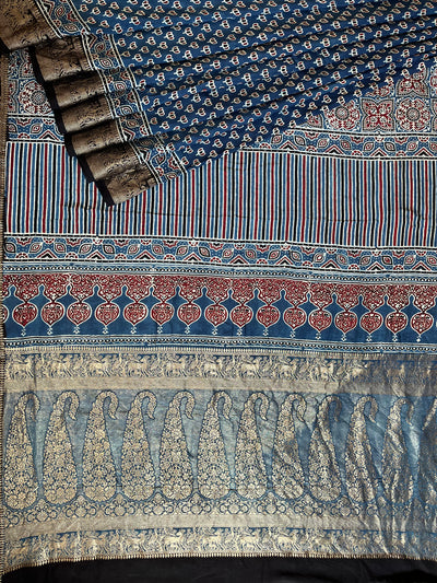 VANDANA: Handblock Ajrakh Dola Silk Saree with Meenakari Pallu