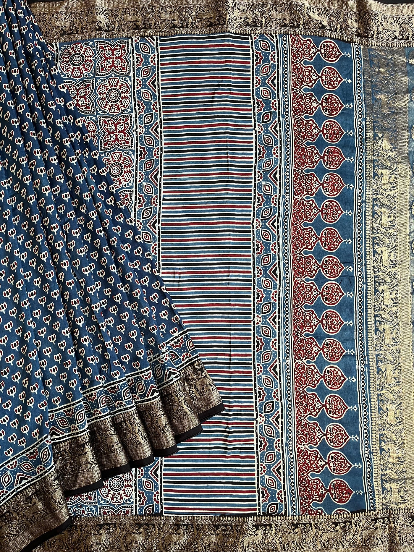 VANDANA: Handblock Ajrakh Dola Silk Saree with Meenakari Pallu
