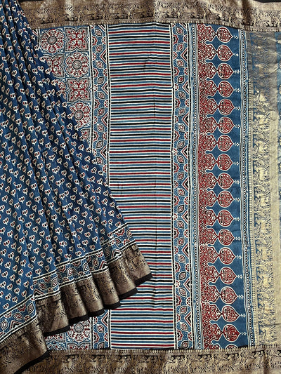 VANDANA: Handblock Ajrakh Dola Silk Saree with Meenakari Pallu