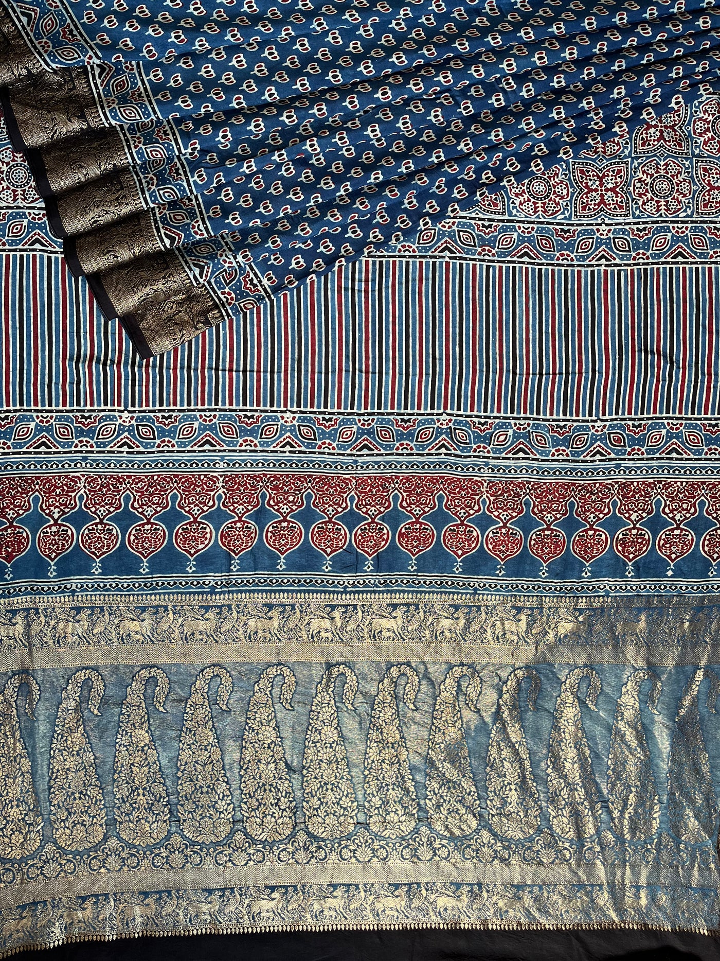 VANDANA: Handblock Ajrakh Dola Silk Saree with Meenakari Pallu