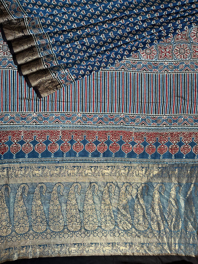 VANDANA: Handblock Ajrakh Dola Silk Saree with Meenakari Pallu