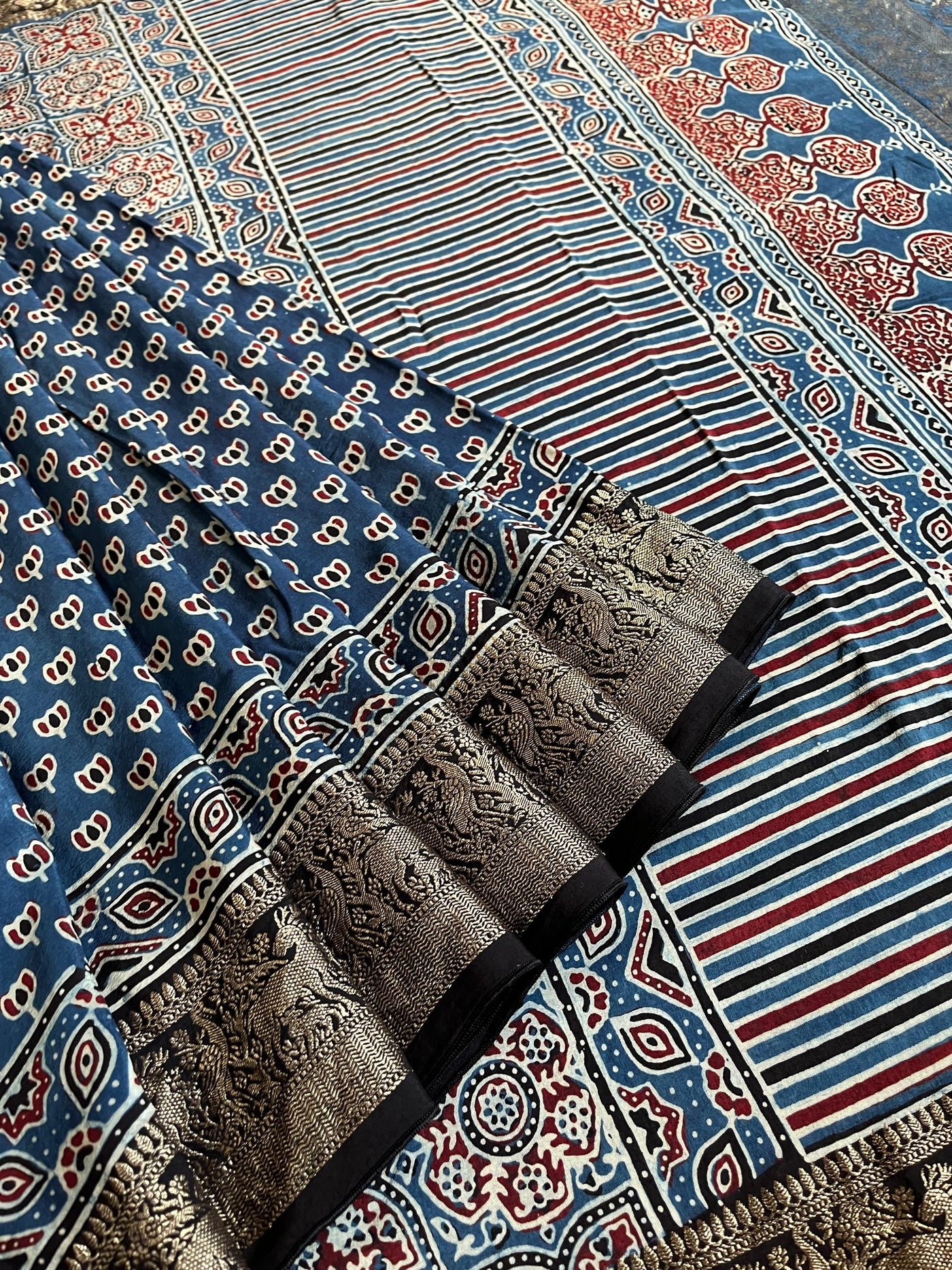 VANDANA: Handblock Ajrakh Dola Silk Saree with Meenakari Pallu