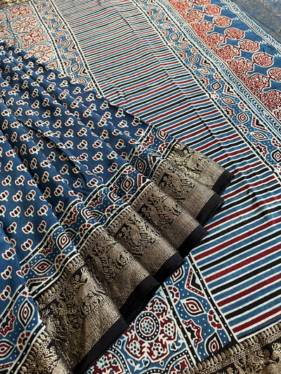 VANDANA: Handblock Ajrakh Dola Silk Saree with Meenakari Pallu