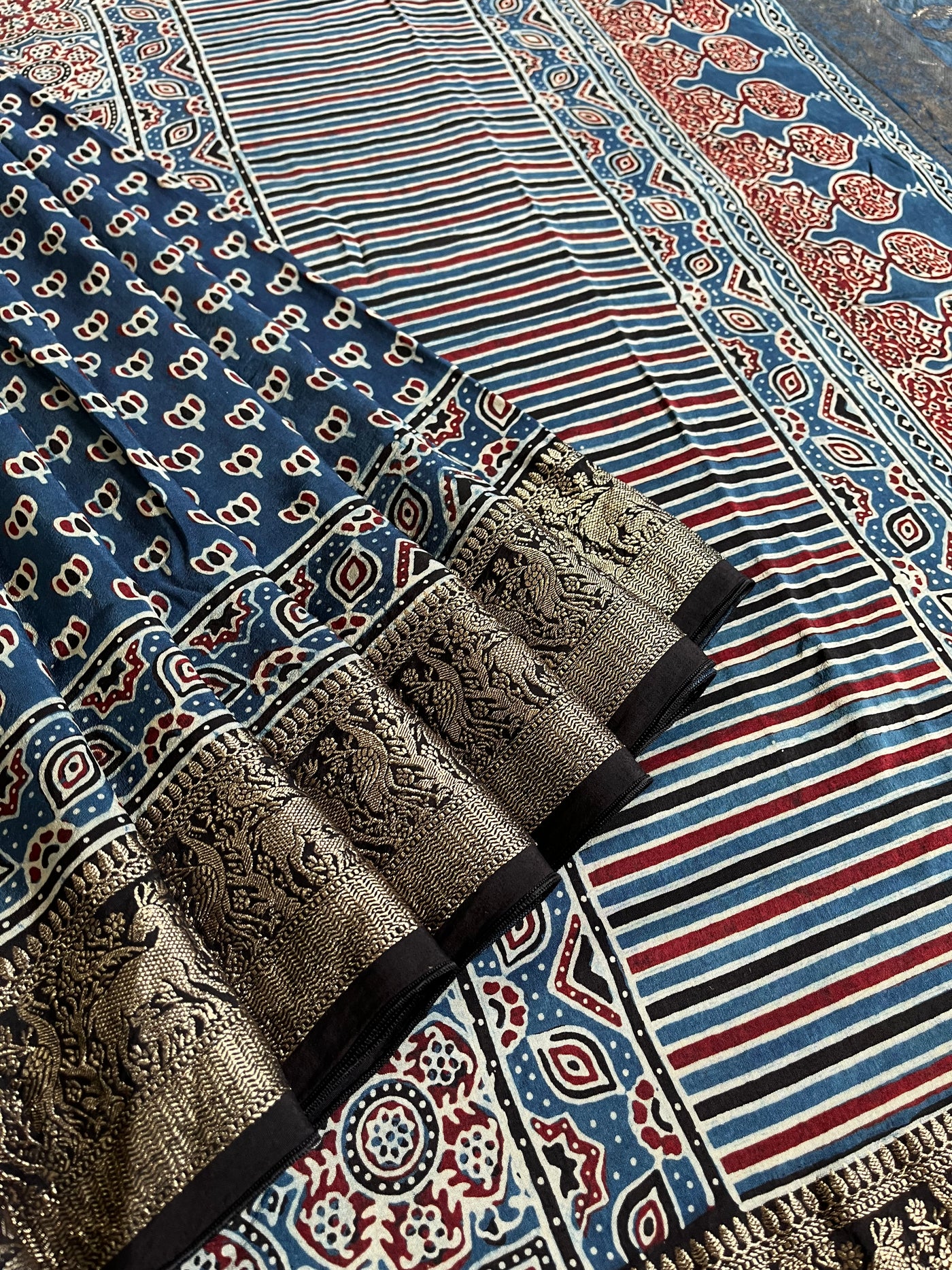 VANDANA: Handblock Ajrakh Dola Silk Saree with Meenakari Pallu