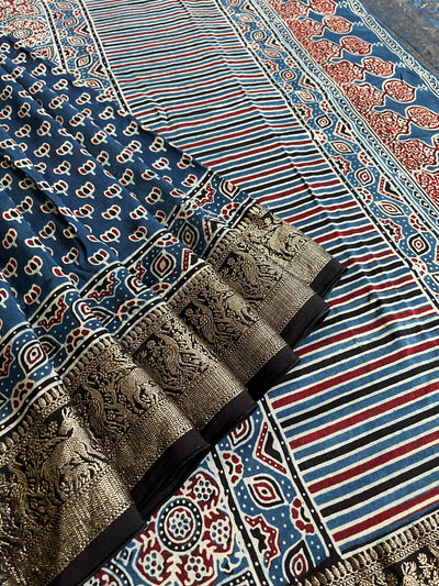 VANDANA: Handblock Ajrakh Dola Silk Saree with Meenakari Pallu