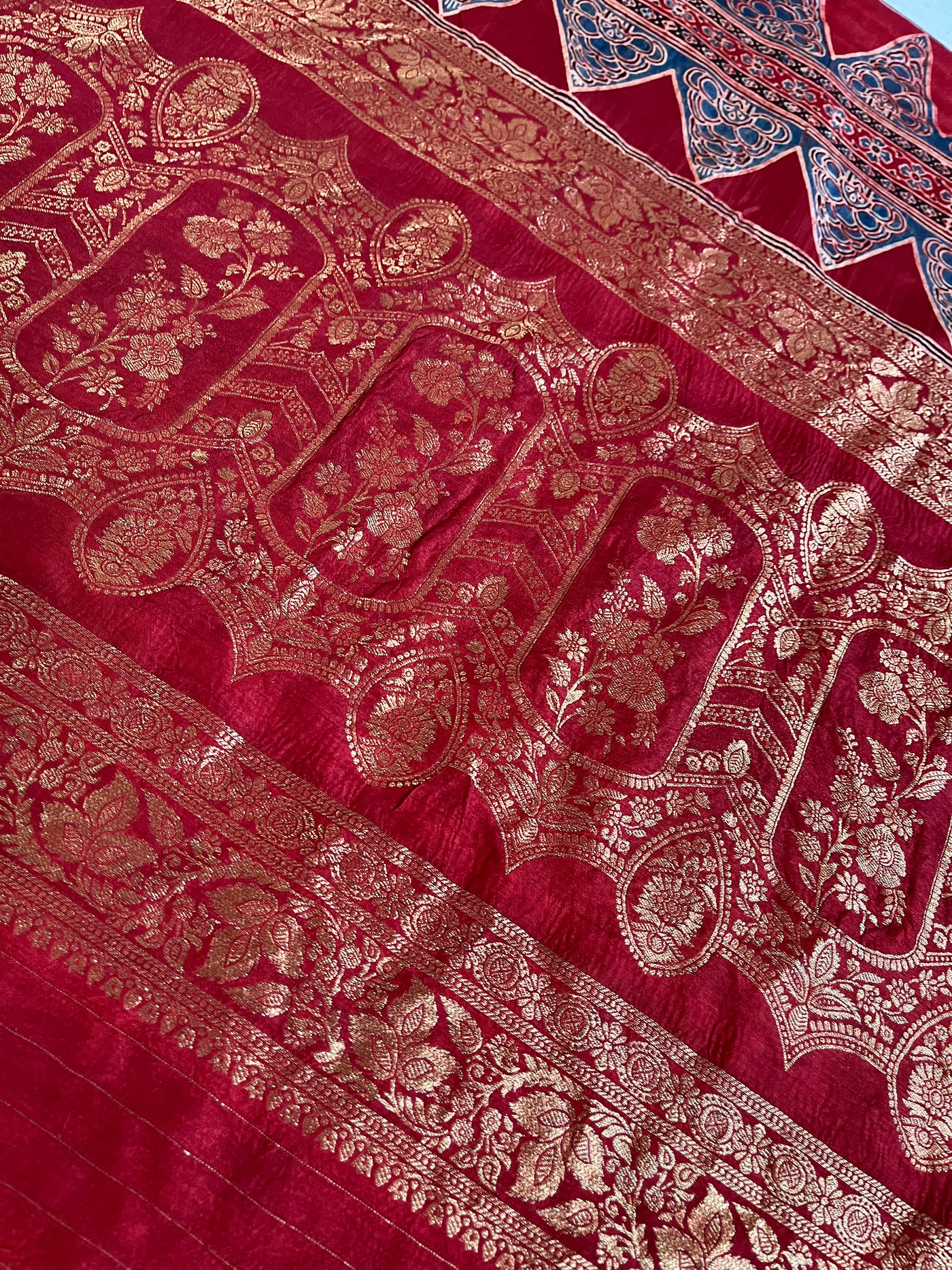 MIRZA: Handblock Ajrakh Dola Silk Saree with Meenakari Pallu