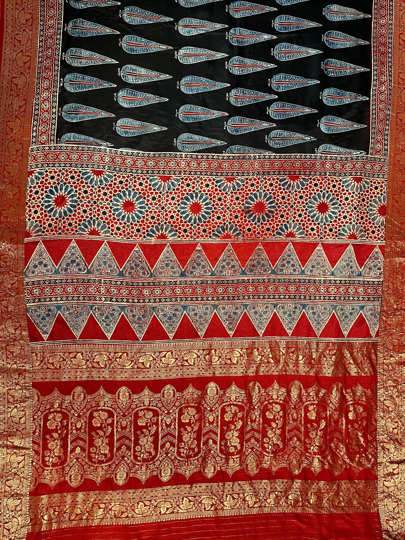 MIRZA: Handblock Ajrakh Dola Silk Saree with Meenakari Pallu