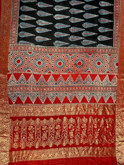 MIRZA: Handblock Ajrakh Dola Silk Saree with Meenakari Pallu