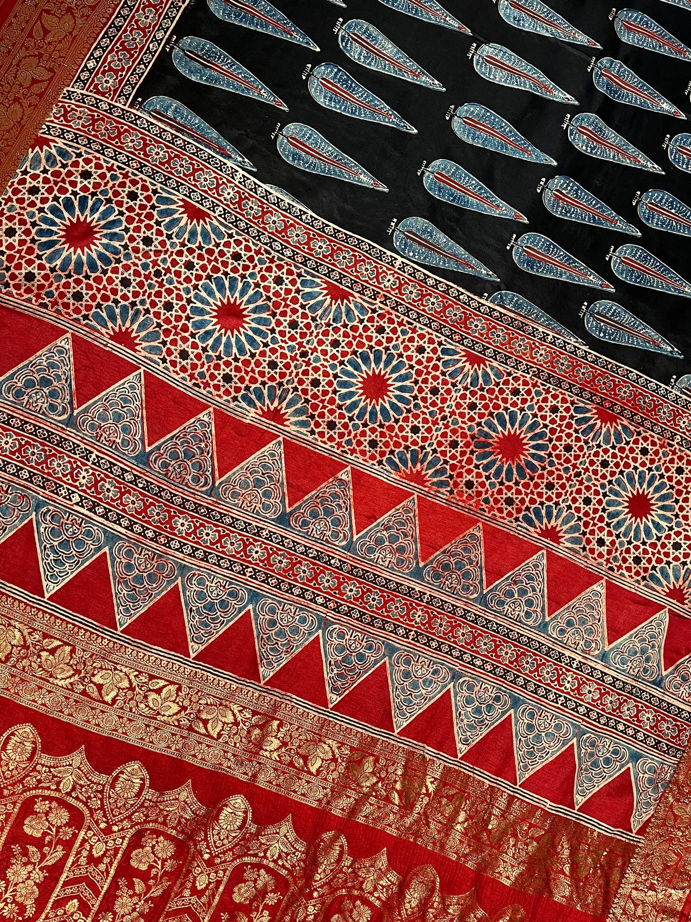 MIRZA: Handblock Ajrakh Dola Silk Saree with Meenakari Pallu