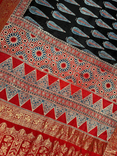 MIRZA: Handblock Ajrakh Dola Silk Saree with Meenakari Pallu