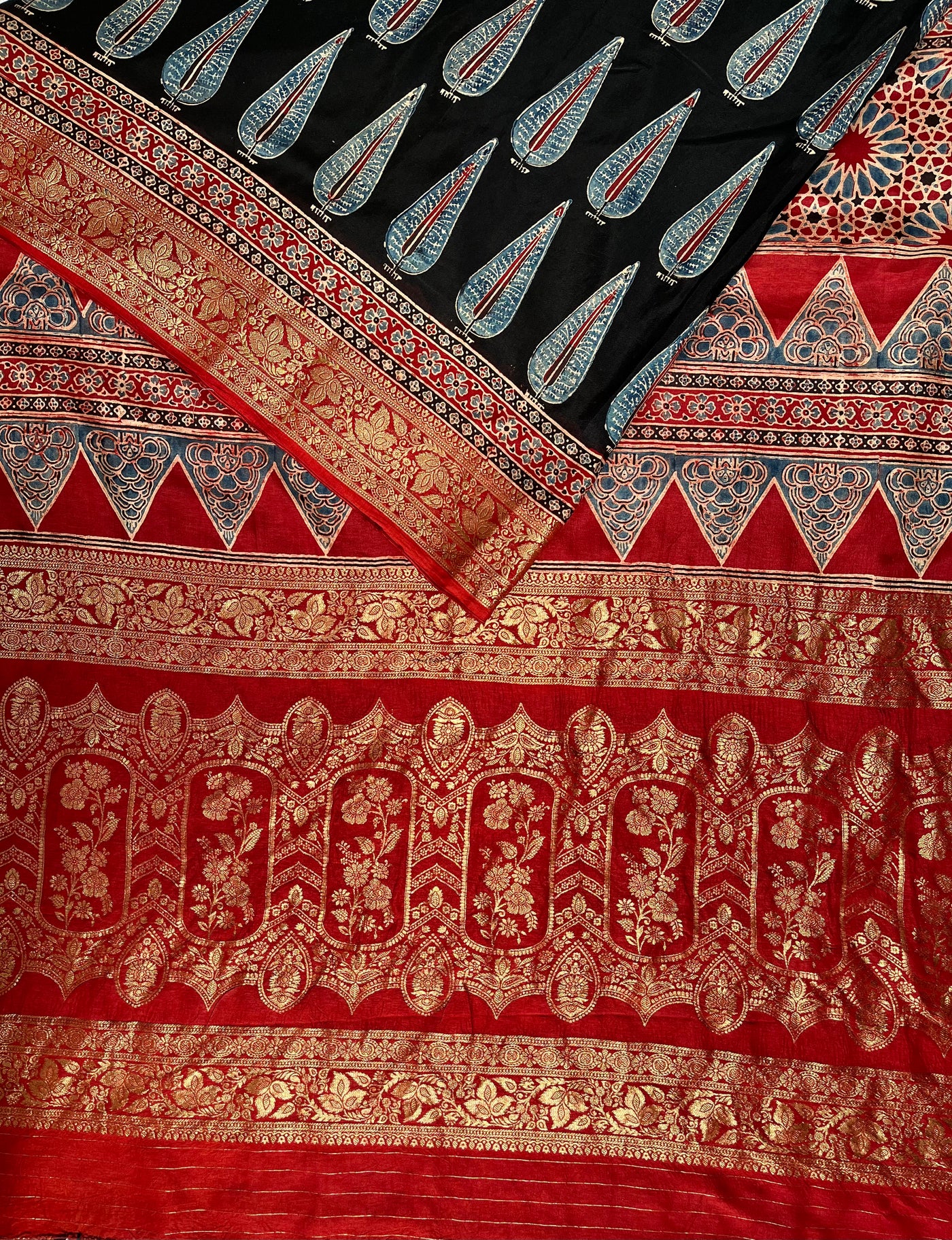 MIRZA: Handblock Ajrakh Dola Silk Saree with Meenakari Pallu