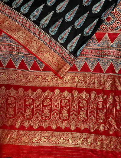 MIRZA: Handblock Ajrakh Dola Silk Saree with Meenakari Pallu