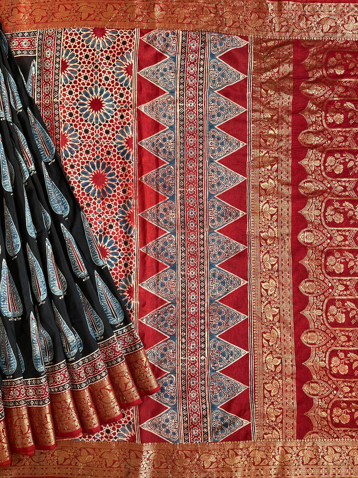 MIRZA: Handblock Ajrakh Dola Silk Saree with Meenakari Pallu