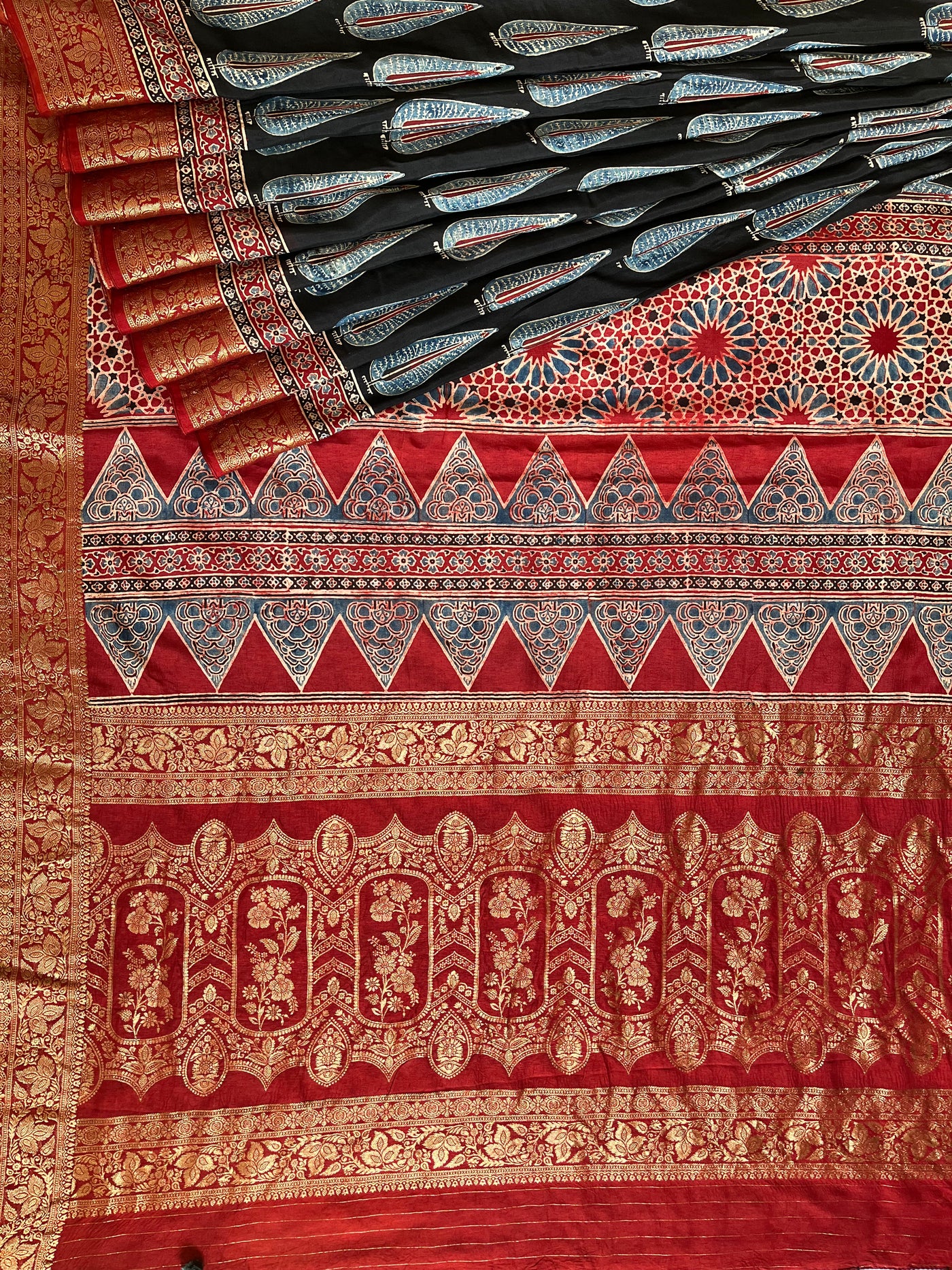 MIRZA: Handblock Ajrakh Dola Silk Saree with Meenakari Pallu