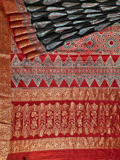 MIRZA: Handblock Ajrakh Dola Silk Saree with Meenakari Pallu