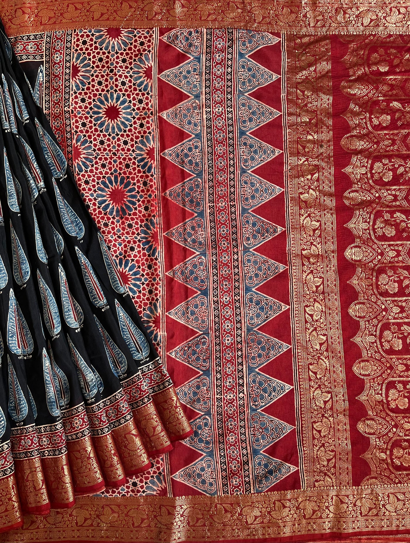 MIRZA: Handblock Ajrakh Dola Silk Saree with Meenakari Pallu