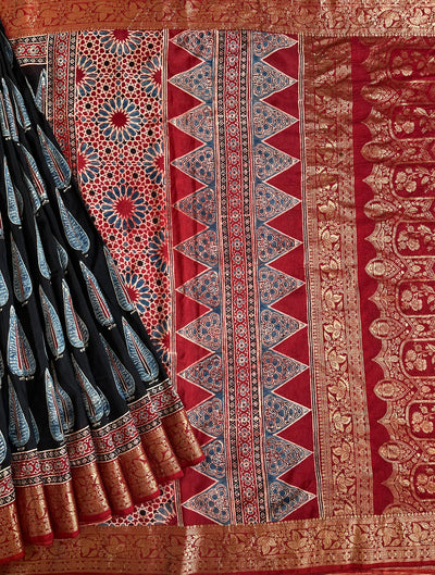 MIRZA: Handblock Ajrakh Dola Silk Saree with Meenakari Pallu