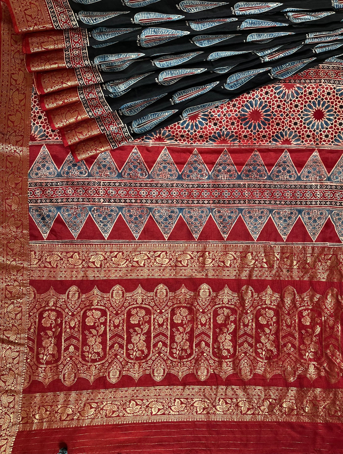 MIRZA: Handblock Ajrakh Dola Silk Saree with Meenakari Pallu