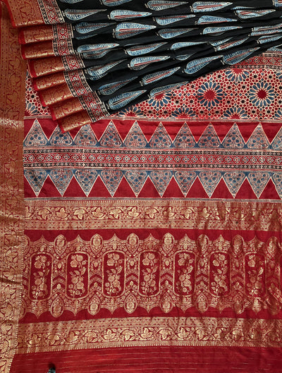 MIRZA: Handblock Ajrakh Dola Silk Saree with Meenakari Pallu