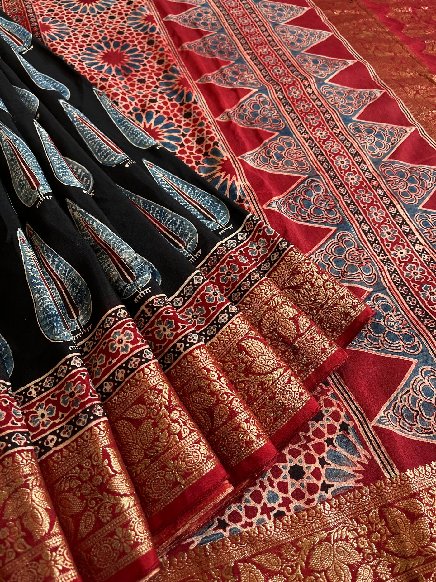 MIRZA: Handblock Ajrakh Dola Silk Saree with Meenakari Pallu