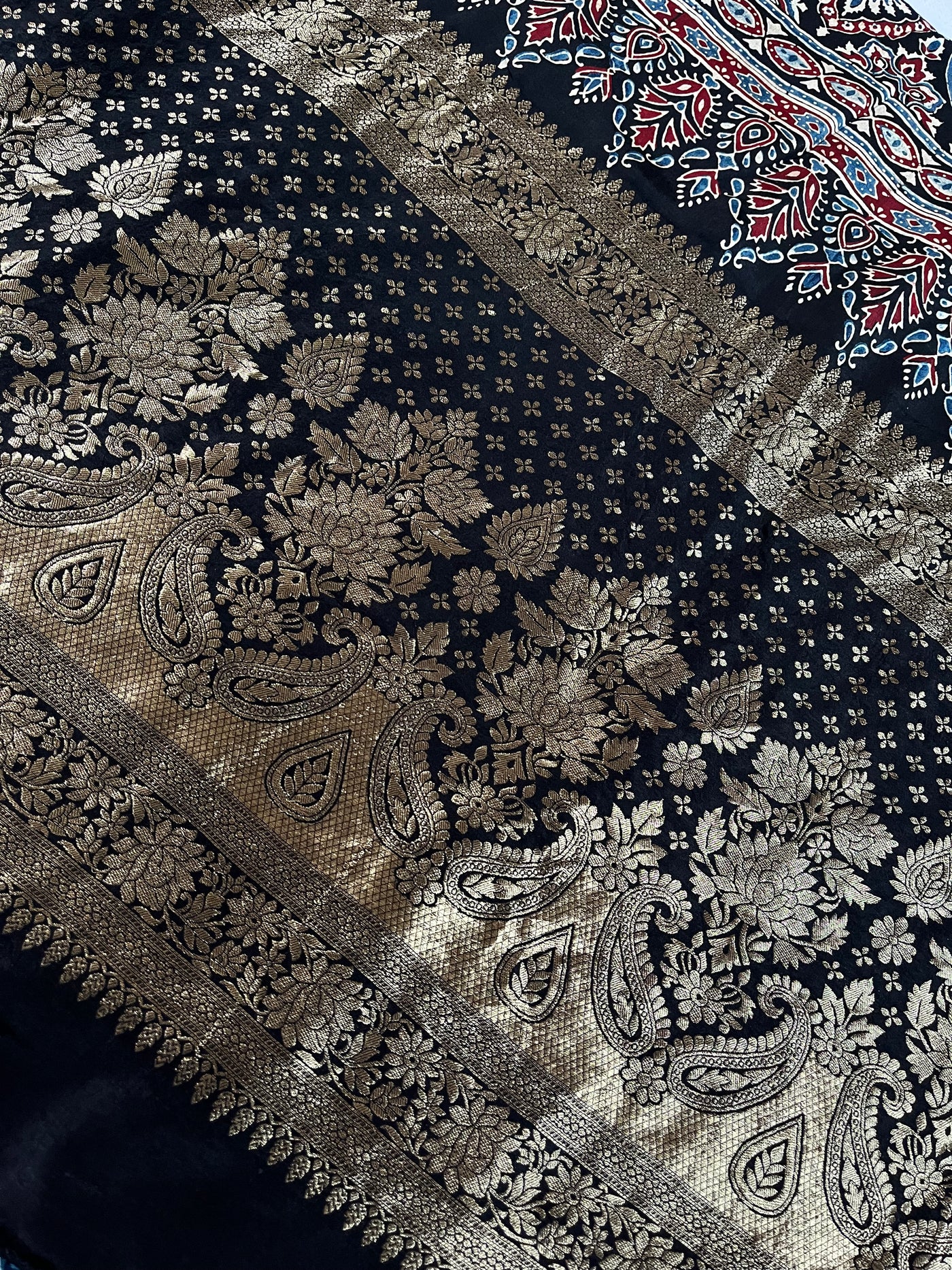 SHANVI: Handblock Ajrakh Dola Silk Saree with Meenakari Pallu