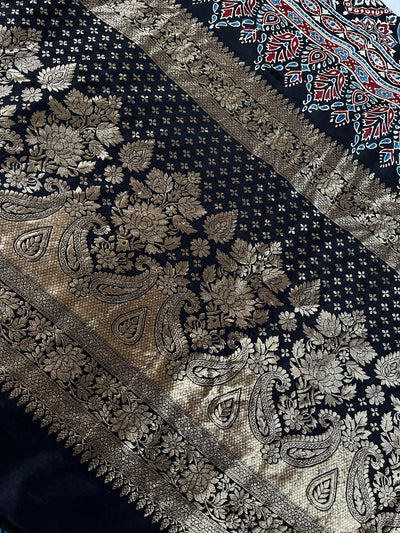 SHANVI: Handblock Ajrakh Dola Silk Saree with Meenakari Pallu