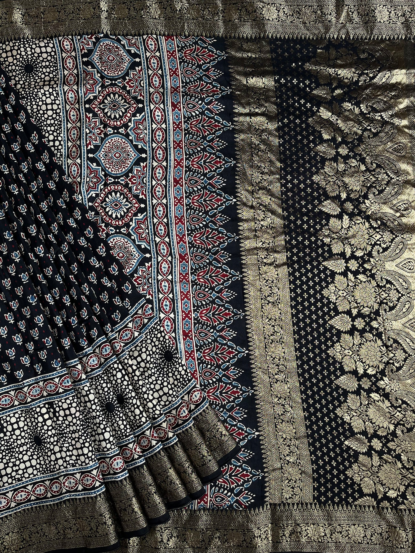 SHANVI: Handblock Ajrakh Dola Silk Saree with Meenakari Pallu