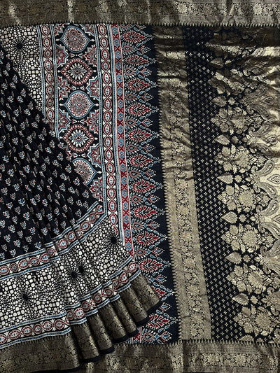 SHANVI: Handblock Ajrakh Dola Silk Saree with Meenakari Pallu