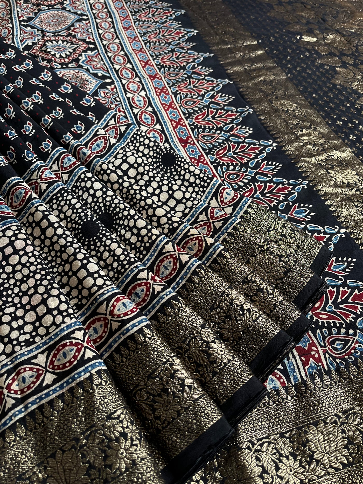 SHANVI: Handblock Ajrakh Dola Silk Saree with Meenakari Pallu