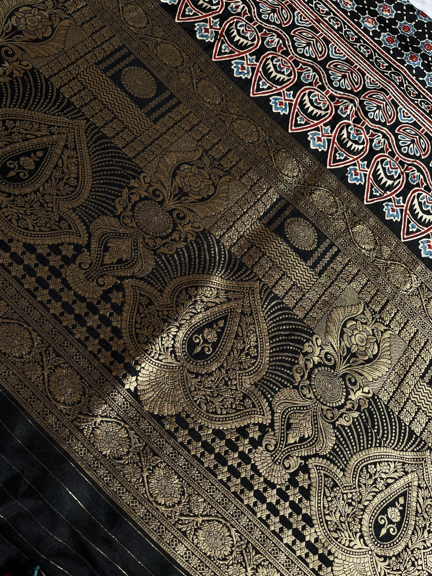 YUVIKA: Handblock Ajrakh Dola Silk Saree with Meenakari Pallu