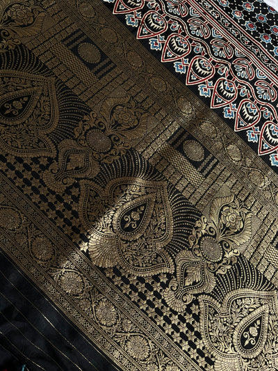 YUVIKA: Handblock Ajrakh Dola Silk Saree with Meenakari Pallu