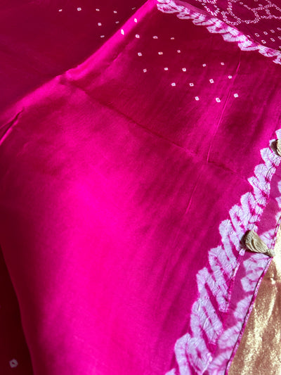 ARSHIA: PINK,HANDMADE BANDHNI MODAL SILK SAREE WITH TISSUE PALLU