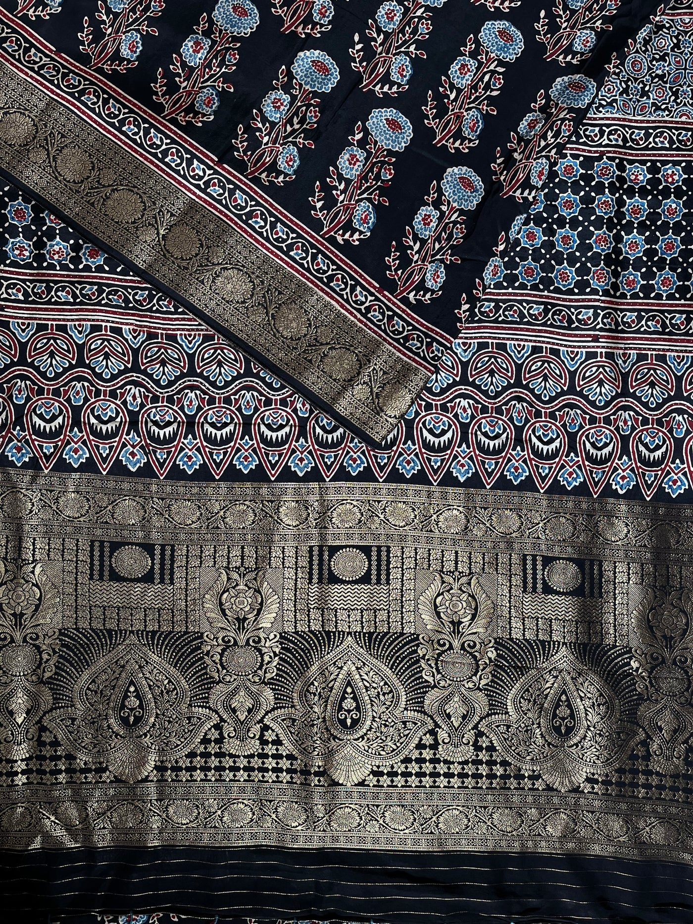 YUVIKA: Handblock Ajrakh Dola Silk Saree with Meenakari Pallu