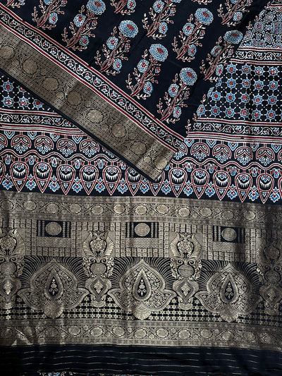 YUVIKA: Handblock Ajrakh Dola Silk Saree with Meenakari Pallu