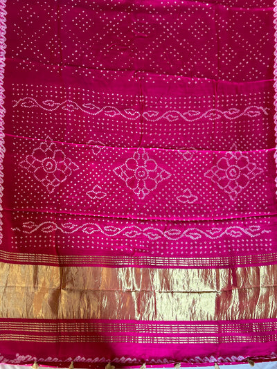 ARSHIA: PINK,HANDMADE BANDHNI MODAL SILK SAREE WITH TISSUE PALLU