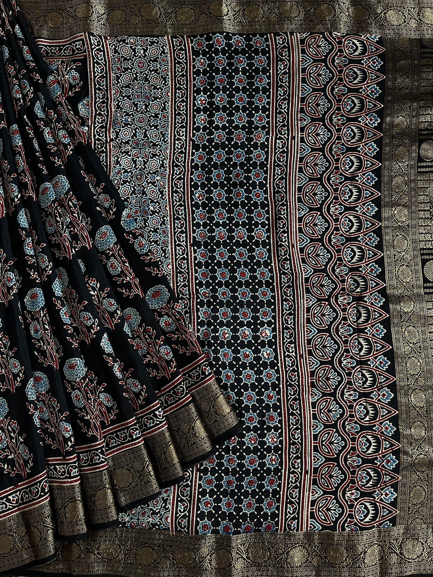 YUVIKA: Handblock Ajrakh Dola Silk Saree with Meenakari Pallu