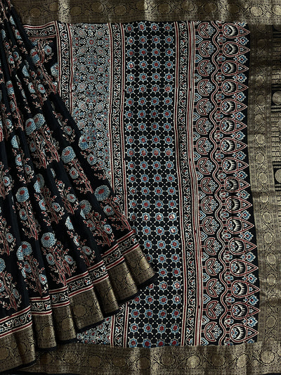 YUVIKA: Handblock Ajrakh Dola Silk Saree with Meenakari Pallu