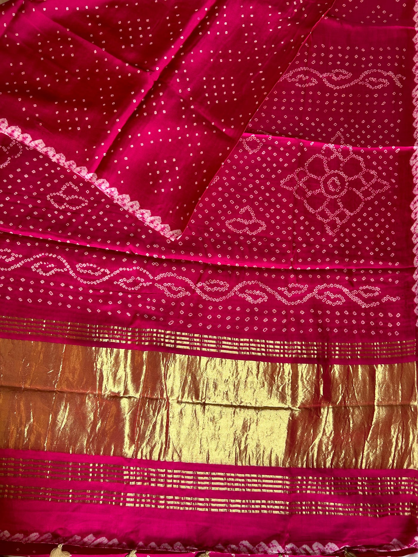 ARSHIA: PINK,HANDMADE BANDHNI MODAL SILK SAREE WITH TISSUE PALLU