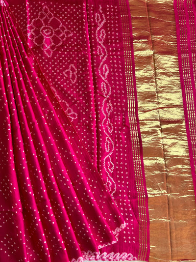 ARSHIA: PINK,HANDMADE BANDHNI MODAL SILK SAREE WITH TISSUE PALLU