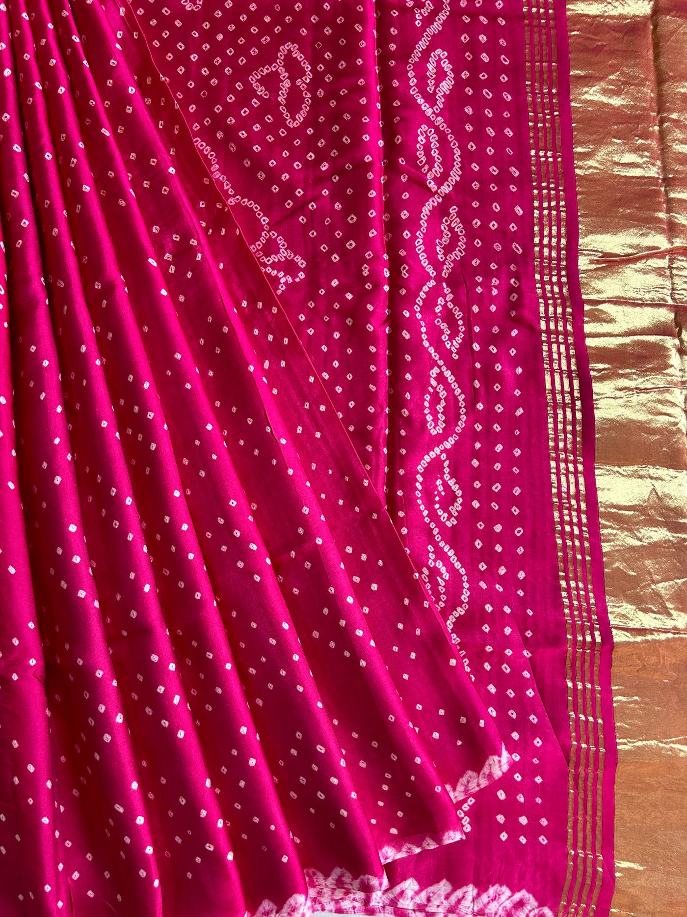 ARSHIA: PINK,HANDMADE BANDHNI MODAL SILK SAREE WITH TISSUE PALLU