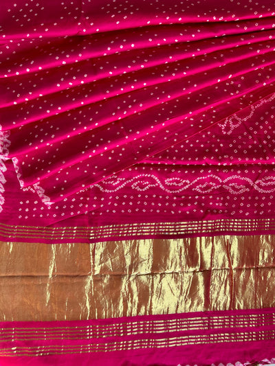 ARSHIA: PINK,HANDMADE BANDHNI MODAL SILK SAREE WITH TISSUE PALLU