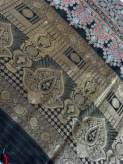 PRANALI: Handblock Ajrakh Dola Silk Saree with Meenakari Pallu