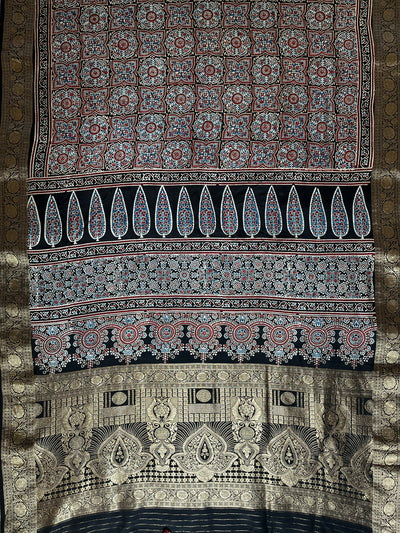 PRANALI: Handblock Ajrakh Dola Silk Saree with Meenakari Pallu
