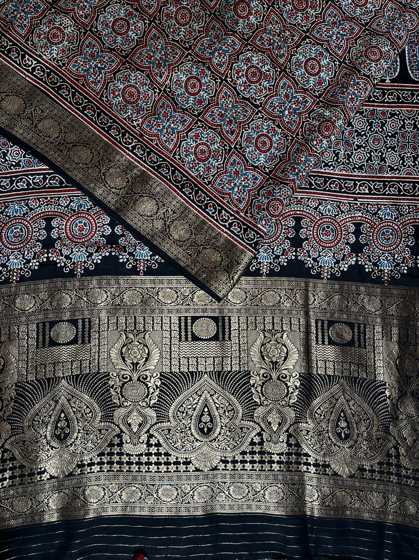 PRANALI: Handblock Ajrakh Dola Silk Saree with Meenakari Pallu