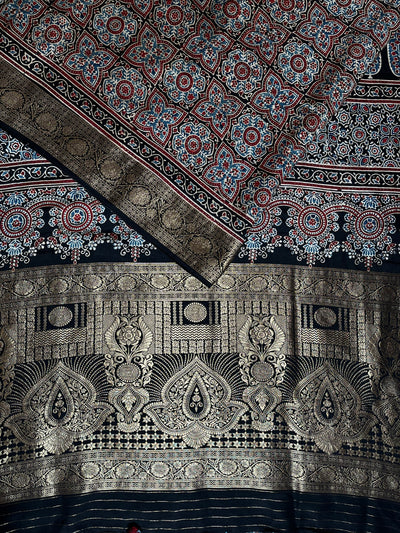 PRANALI: Handblock Ajrakh Dola Silk Saree with Meenakari Pallu