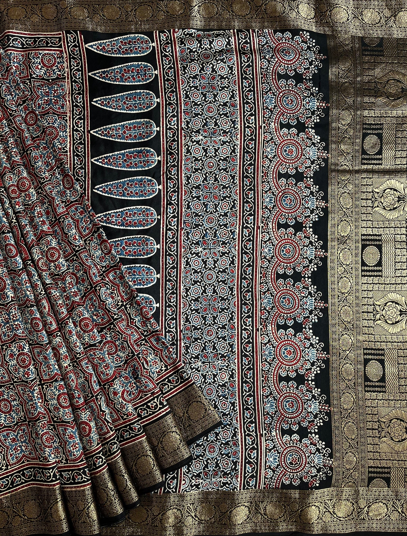PRANALI: Handblock Ajrakh Dola Silk Saree with Meenakari Pallu